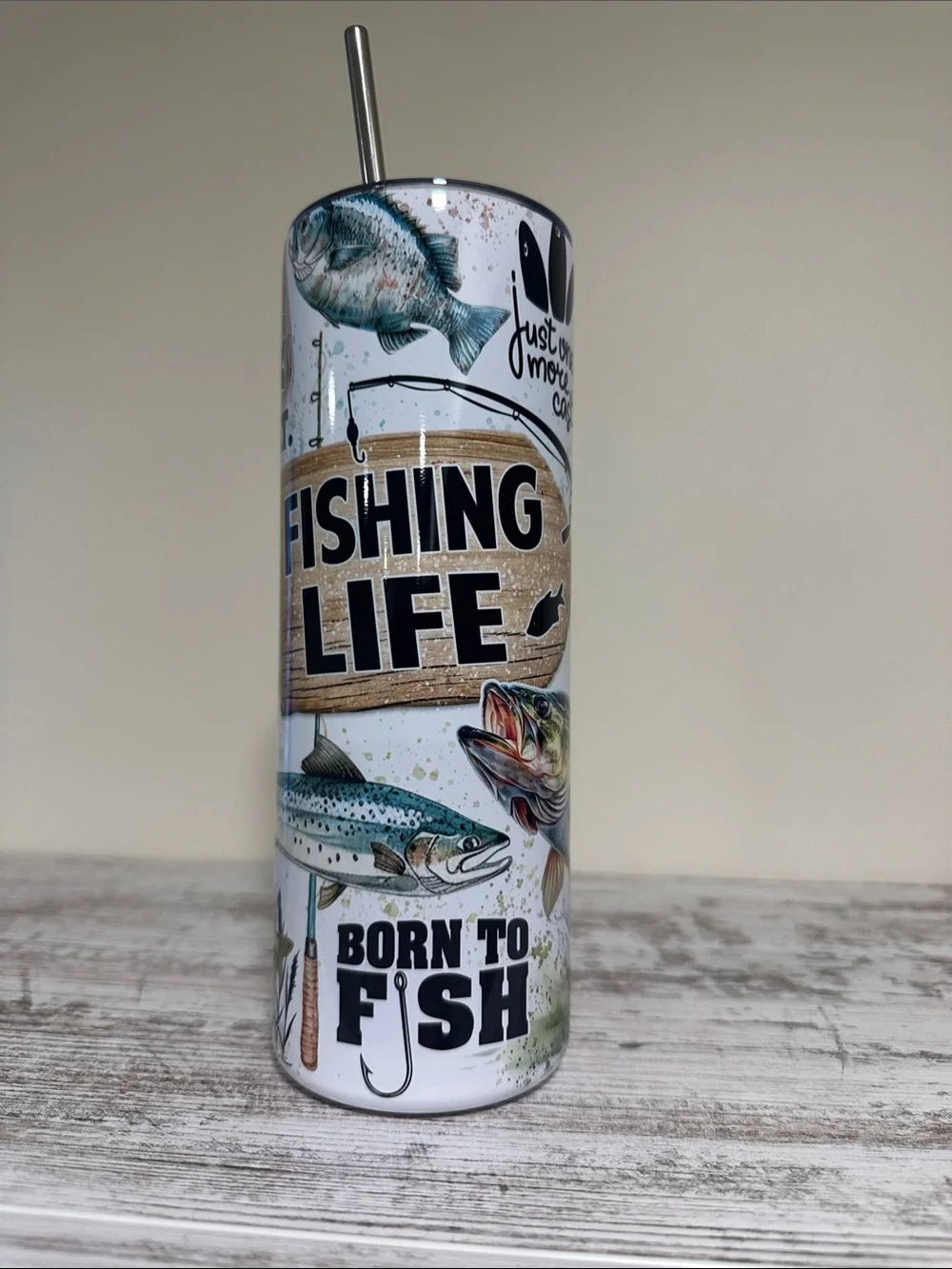 Fishing Life Stainless Steel Tumbler - White with Multi-Color Fish Design